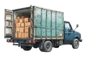 A loaded delivery truck ready for transport boxes neatly stacked teal blue on transparent background