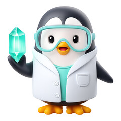 Obraz premium 3D Cartoon Illustration of a Penguin Scientist Examining Glowing Ice Crystal in Laboratory Environment, Isolated on Transparent Background