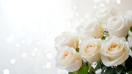 A banner featuring a wedding bouquet of white roses against a soft, white background with a gentle focus, perfect for wedding-related designs or events