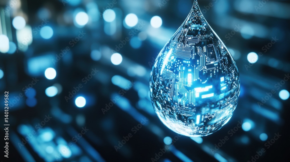 Aufkleber macro water droplet showcasing digital circuit reflection, blending nature with technology in a sere