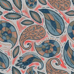 Colorful paisley pattern with intricate designs in teal, orange, and yellow hues. The abstract, hand-drawn style creates a vibrant, artistic, and bohemian feel.