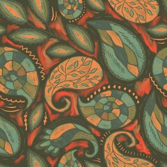Colorful paisley pattern with intricate designs in teal, orange, and yellow hues. The abstract, hand-drawn style creates a vibrant, artistic, and bohemian feel.