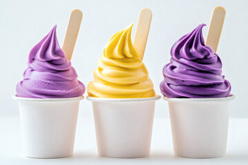 Three colorful frozen desserts swirl in white cups with wooden sticks isolated on a white background.