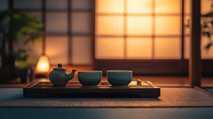 Serene tea setup in a tranquil indoor space with warm lighting and floral accents during the evening