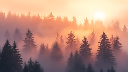 Obraz premium Misty forest landscape with silhouetted pine trees against a soft, golden sunrise, creating a serene and ethereal atmosphere in nature