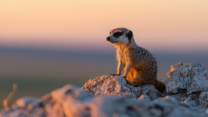 meerkat sitting rock during sunset, showcasing its alert posture and beautiful fur. warm colors of sky create serene
