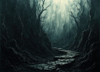  a dark and misty forest scene