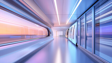 Obraz premium futuristic train station interior with sleek design, vibrant colors, and smooth lines creates dynamic atmosphere