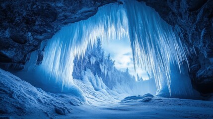 Majestic ice cave with stunning frozen waterfall illuminating the icy landscape at dusk