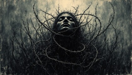 highly abstract and chaotic scene, dominated by dark, swirling lines and shapes