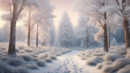Snowy paths wind through a forest of frosted trees, leading you into a dreamy winter landscape filled with soft, gentle vibes 