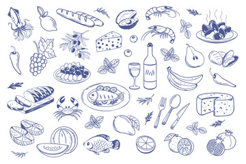 Set of hand drawn simple Mediterranean food. Fish seafood cheese olives bread. Sketch style illustration for cafe or restaurant menu design.