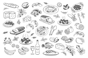 Set of hand drawn simple Mediterranean food. Fish seafood cheese olives bread. Sketch style illustration for cafe or restaurant menu design.
