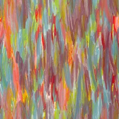 Abstract painting with vibrant brushstrokes in teal, red, and brown hues. The dynamic texture and rich colors create a sense of movement and depth.