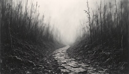 a dense, foggy forest scene in black and white