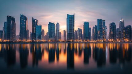 Fototapeta premium Stunning skyline of modern buildings reflecting on water at dusk in a vibrant cityscape