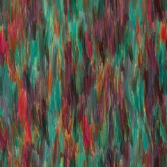 Abstract painting with vibrant brushstrokes in teal, red, and brown hues. The dynamic texture and rich colors create a sense of movement and depth.