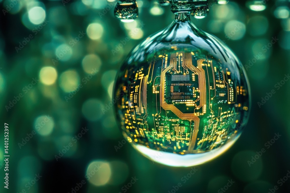 Poster macro water droplet reflecting digital circuit design, showcasing connection between nature and tech