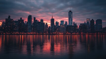 Obraz premium Stunning skyline of modern buildings reflecting on water at dusk in a vibrant cityscape