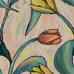 Hand-painted floral pattern featuring abstract tulips and leaves in pastel shades. Ideal for backgrounds, textiles, and artistic projects.