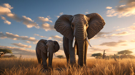 An image of two elephants in a grassy field at sunset, displayed in an image submission interface. The elephants are large, with prominent tusks.