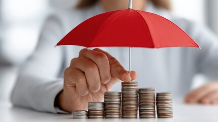 Hand Holding Red Umbrella over Coin Stacks