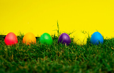 Colorful Eggs hidden In Green Grass Against Yellow Background