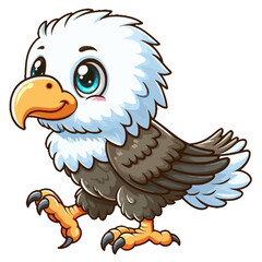 Obraz premium Charming cartoon illustration of a cute baby eagle with big, adorable eyes, fluffy white head and neck, brown body, and sharp talons, taking a step. Represents adorable animals, birds of prey, and chi