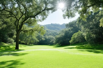 Fototapeta premium Lush green landscape bathed in sunlight