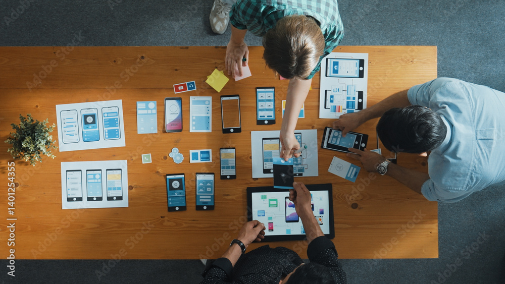 Poster top view of smart ui designer brainstorming and planning about ux uo design or mobile interface wire