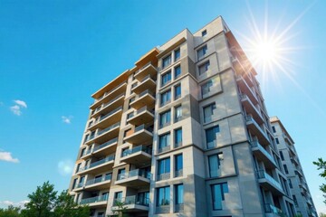 Modern condo construction, sunny day, blue sky, development, construction, sunny