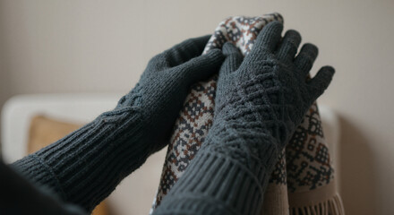 Cozy hands arranging a warm knitted scarf indoors  