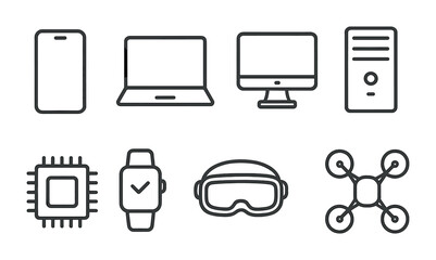 Tech icons: smartphone, laptop, desktop, pc, chip, smartwatch, goggles, drone.