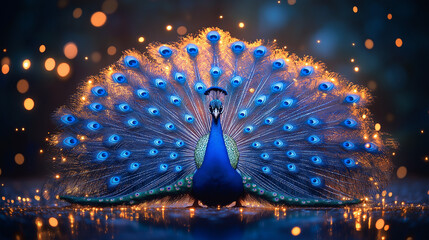 Peacock's Elegant Display: A majestic peacock, its vibrant feathers in full display, radiates regal elegance. The image captures its rich colors and intricate patterns.