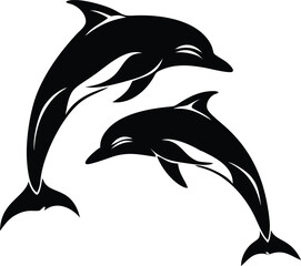 Two Dolphins Swimming Silhouette with Transparent Background Marine Iconography