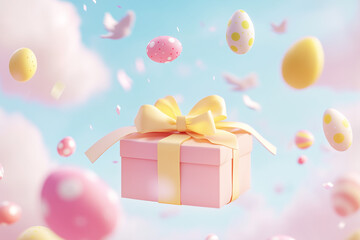 Spring Easter gift, pastel pink gift box. Painted pastel Easter eggs and fresh Spring flowers. Minimal creative concept. Generative AI.