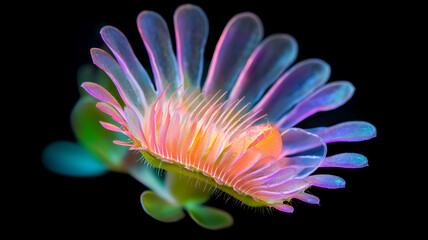 vibrant flower with colorful petals and intricate details, showcasing blend of hues against dark background, evokes sense