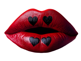 Close-Up of Red Lips with Black Heart Symbols on Transparent Background
