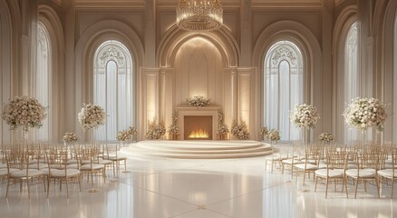 A grand, elegant wedding ceremony hall adorned with pristine white floral arrangements.