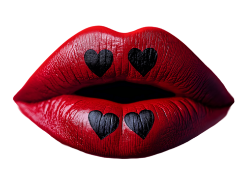 Close-Up of Red Lips with Black Heart Symbols on Transparent Background