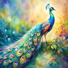 Fototapeta premium Elegant watercolor peacock with bold, bright tones