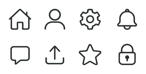 Set of eight black line icons: home, user, settings, notification, chat, upload, star, lock.