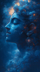 Mystic Aura: A captivating depiction of a serene visage, enveloped in swirling cosmic clouds, evokes a sense of ethereal calm and spiritual introspection.