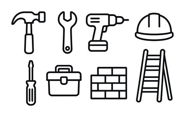 Fototapeta premium Construction tools set: hammer, wrench, drill, toolbox, and more.