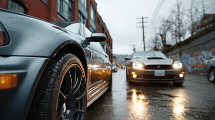 Intense Street Scene with Luxurious Cars on a Rainy Day in the City