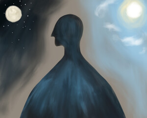 Silhouette Standing Between Night and Day Sky