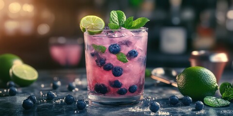 Refreshing blueberry mojito with lime and mint served in a clear glass on a bar counter