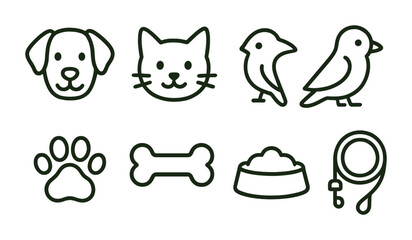 Simple pet icons: dog, cat, bird, paw, bone, bowl, leash.