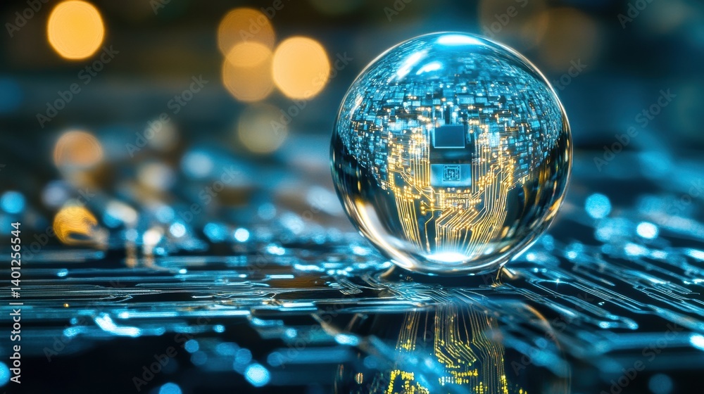 Poster Macro water droplet reflecting a digital circuit blending nature and technology in a futuristic setting