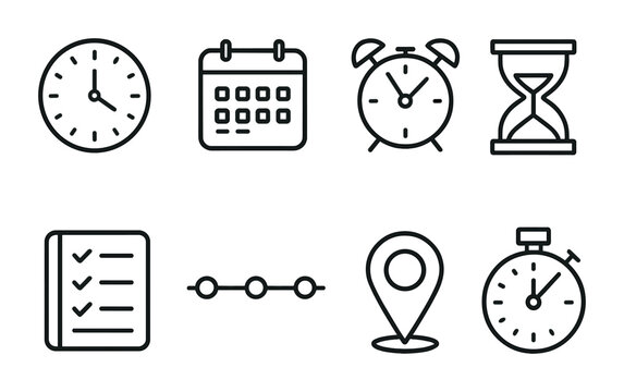Simple line icons of time management tools including clocks calendars stopwatch and checklist.